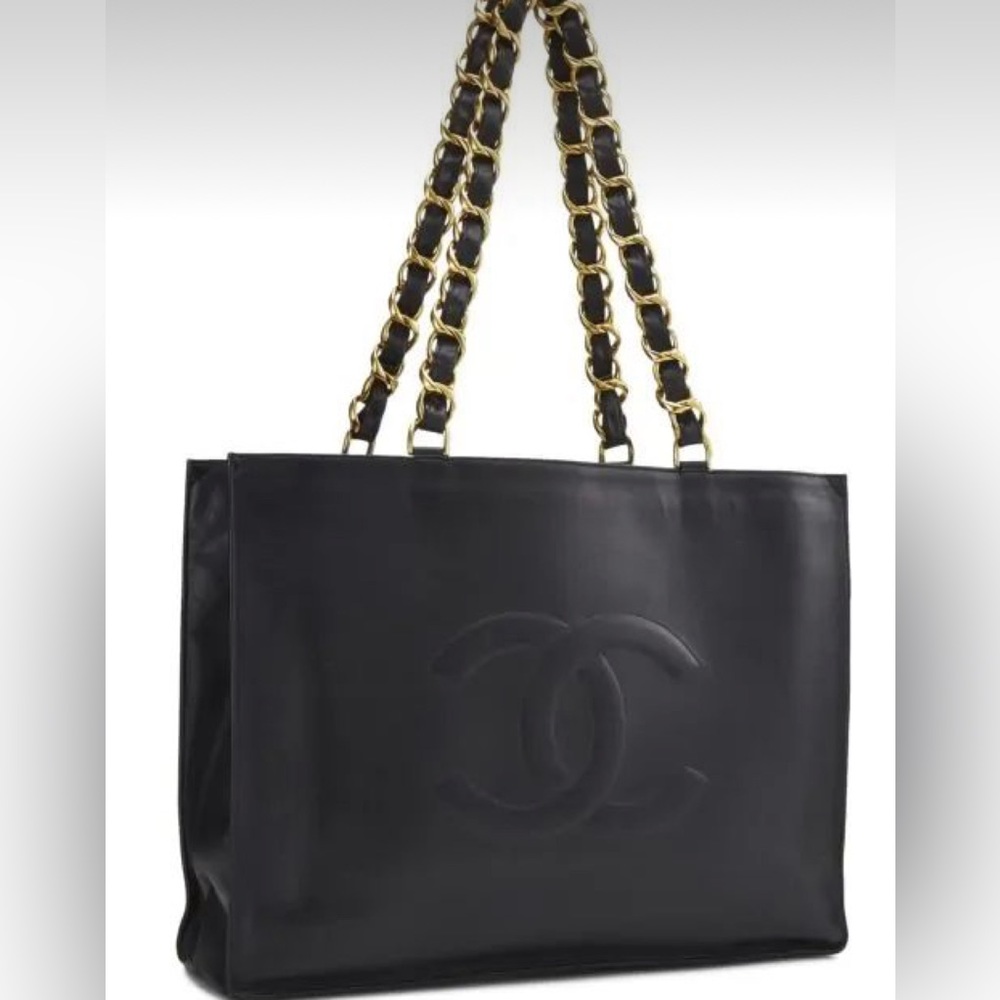 SOLD Chanel Vintage Black Large CC 24k plated gold chain tote